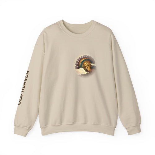 Front of Sand Athena Unconquered sweatshirt with gold Athena mark on the right chest.