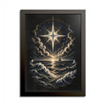 Black-framed print of a bright eight-pointed star above a dark, wave-tossed sea, with a small sailing ship on the horizon, gold and silver line work on black.