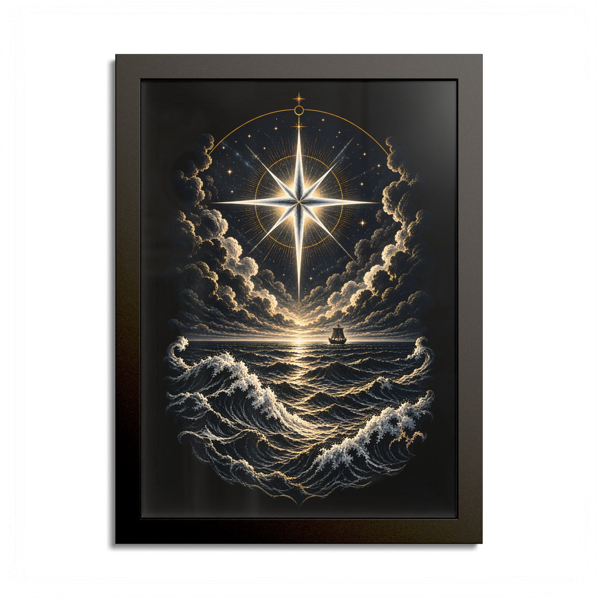 Black-framed print of a bright eight-pointed star above a dark, wave-tossed sea, with a small sailing ship on the horizon, gold and silver line work on black.
