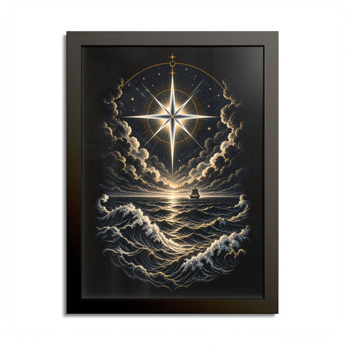 Black-framed print of a bright eight-pointed star above a dark, wave-tossed sea, with a small sailing ship on the horizon, gold and silver line work on black.