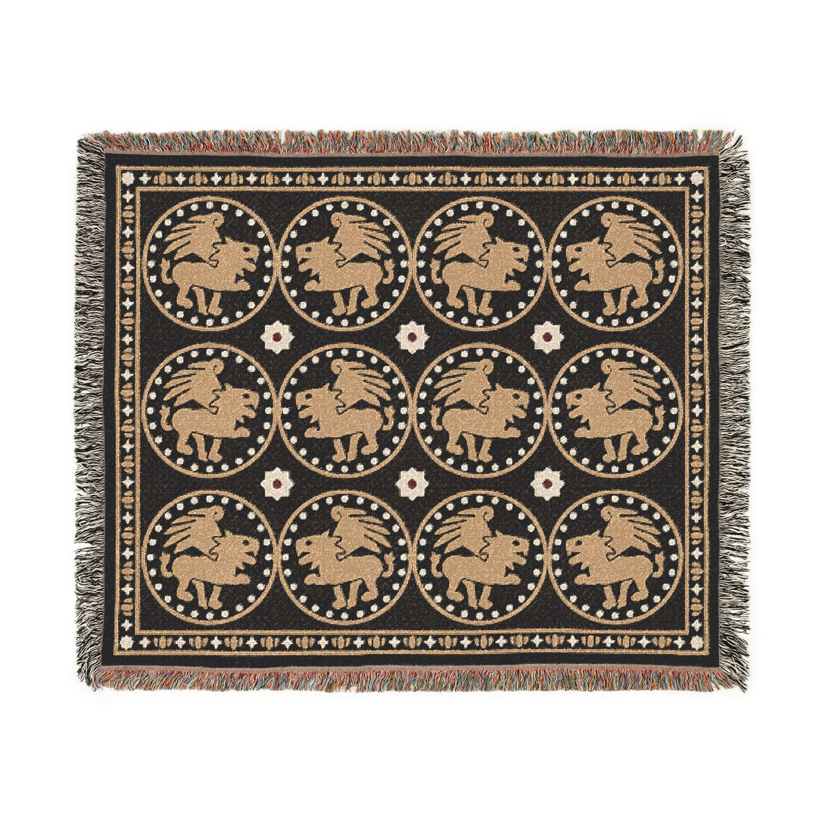 The Golden Bestiary woven throw, 60 × 50 in, winged lions in gold roundels on charcoal