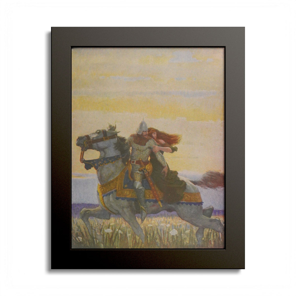 Unto Joyous Gard by N. C. Wyeth, 1917, King Arthur illustration as an 8 x 10 in framed print in a black wood frame