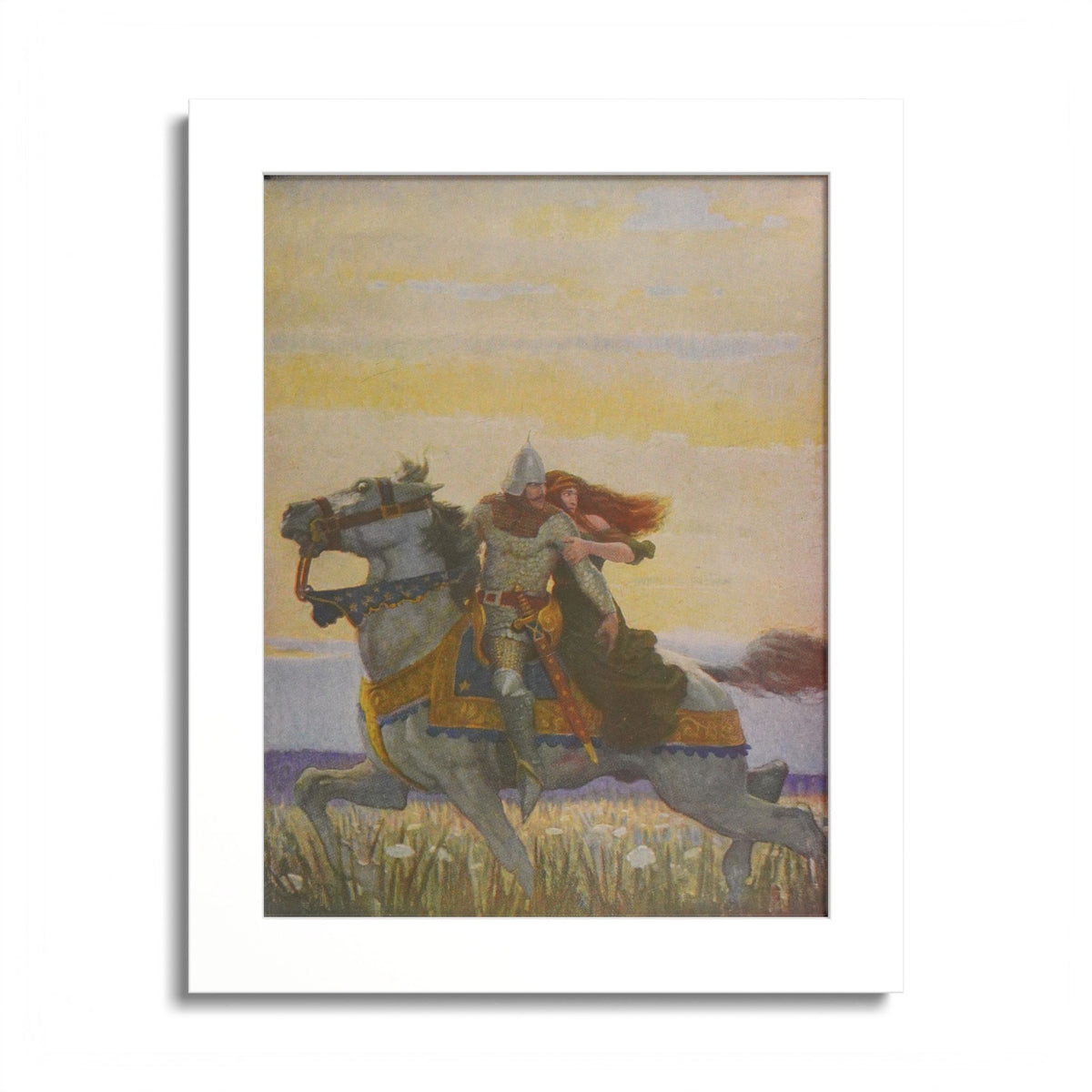 Unto Joyous Gard by N. C. Wyeth, 1917, King Arthur illustration as an 8 x 10 in framed print in a white wood frame