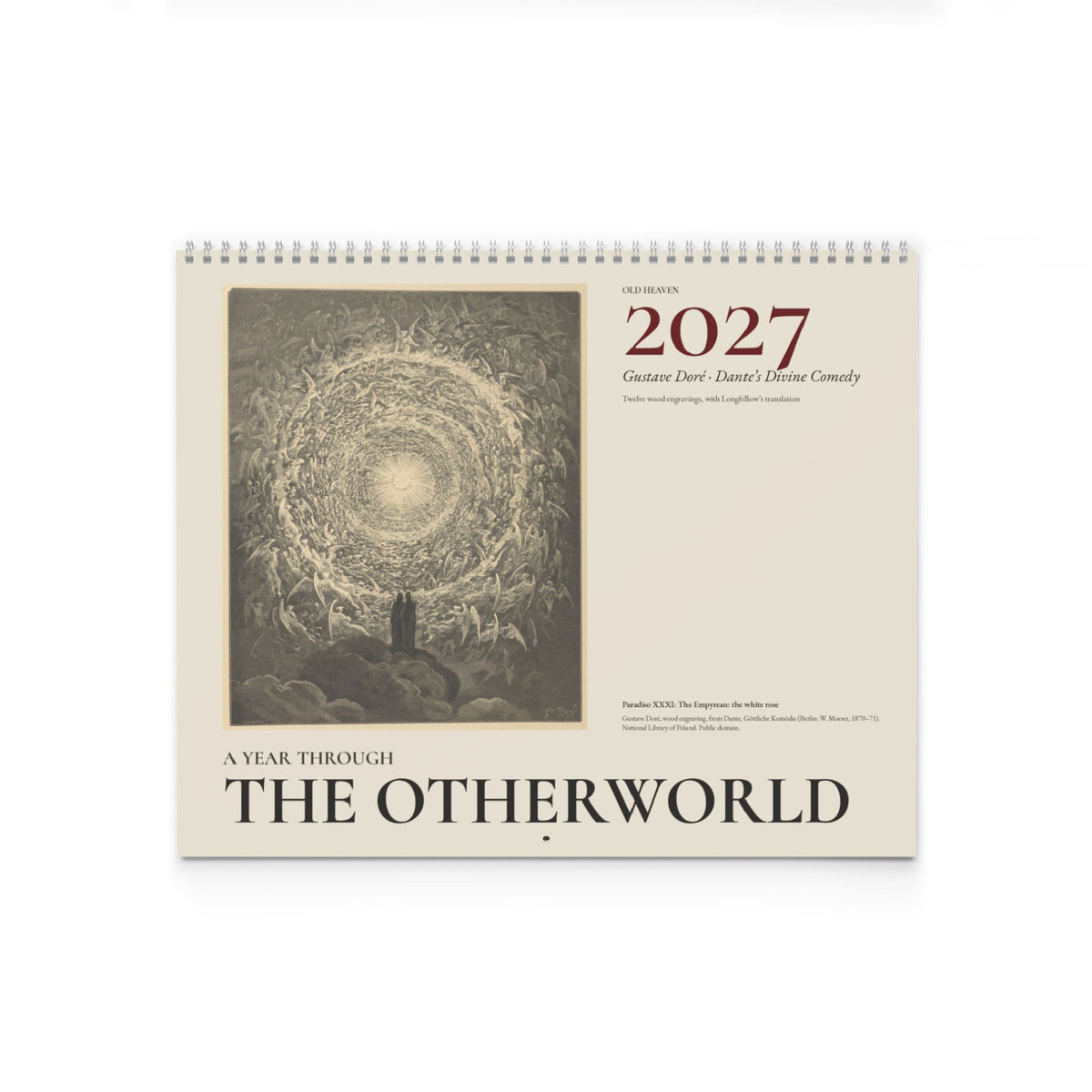 Mockup: front cover of the 2027 Doré wall calendar A Year Through the Otherworld, closed, on a white background