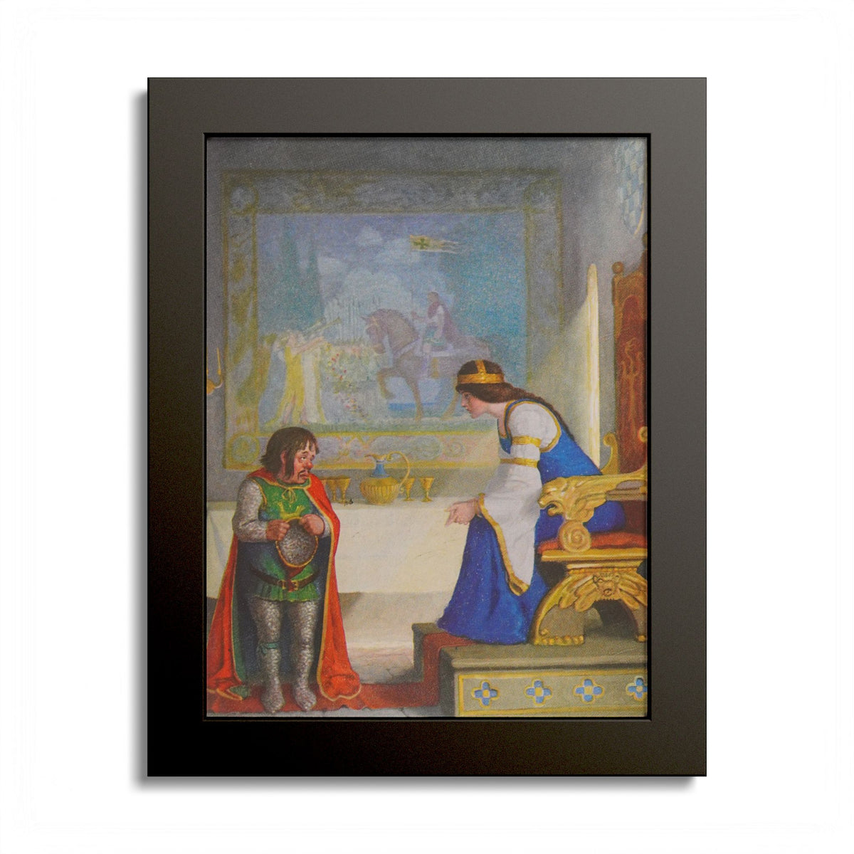 The Lady Lyoness Examines the Dwarf by N. C. Wyeth, 1917, King Arthur illustration as an 8 x 10 in framed print in a black wood frame
