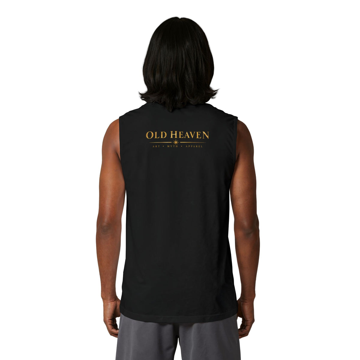 Model wearing black Old Heaven No. 001 sleeveless muscle tee, back view showing the gold Old Heaven wordmark and star.