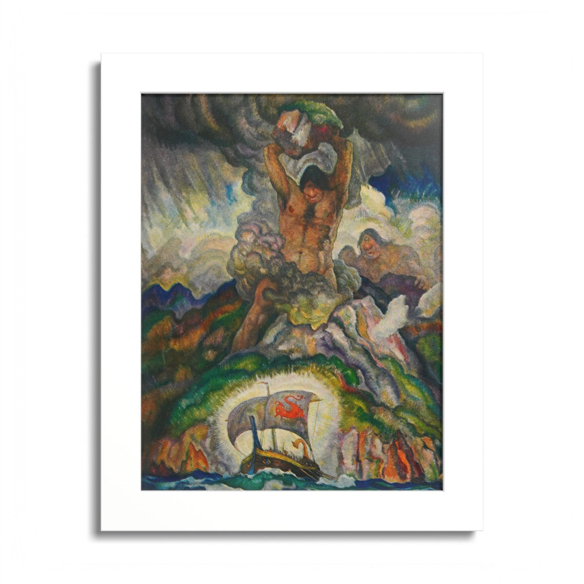 Polyphemus the Cyclops by N. C. Wyeth, 1929, Odyssey illustration as an 8 x 10 in framed print in a white wood frame