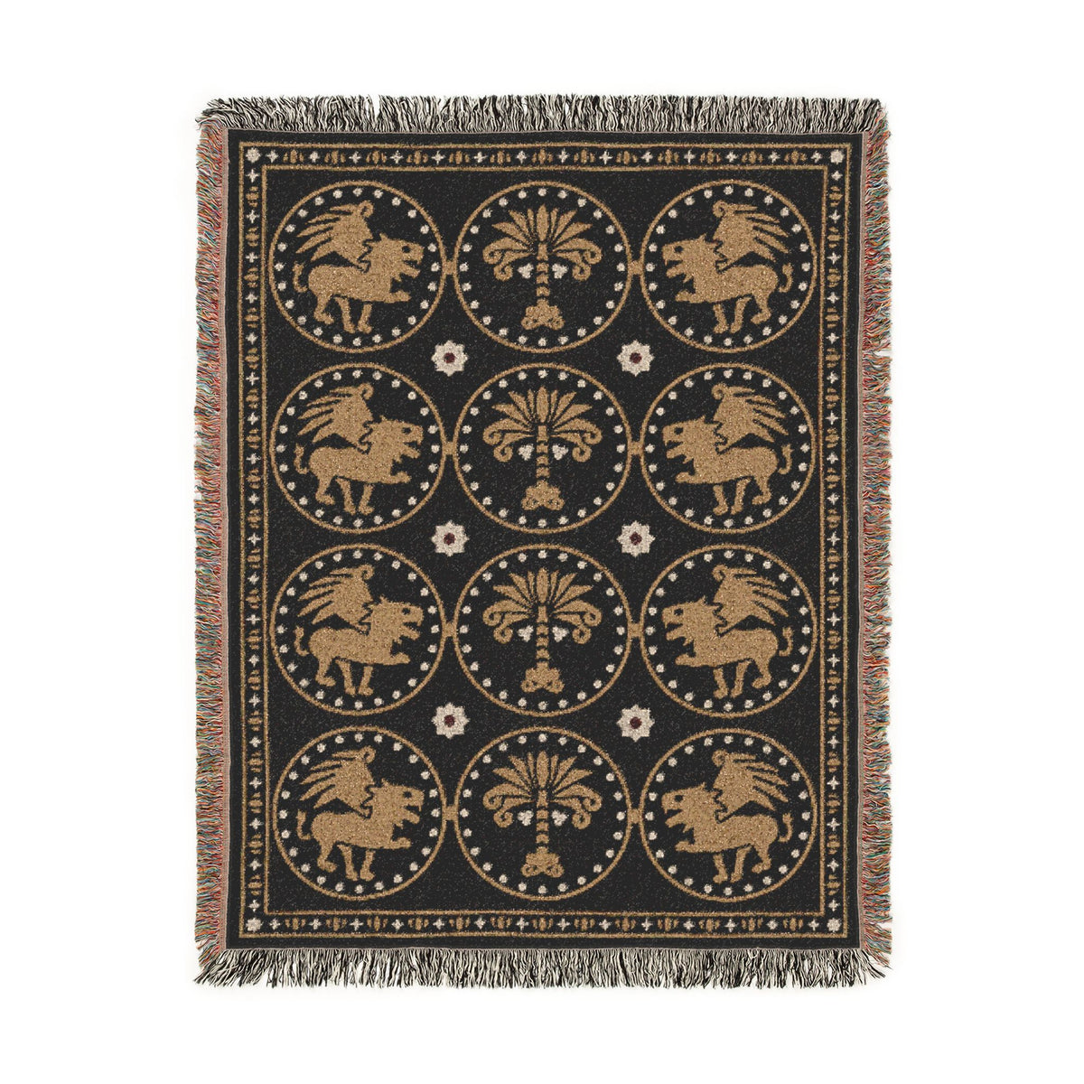 The Golden Bestiary woven throw, 54 × 70 in, winged lions and date palms in gold roundels on charcoal