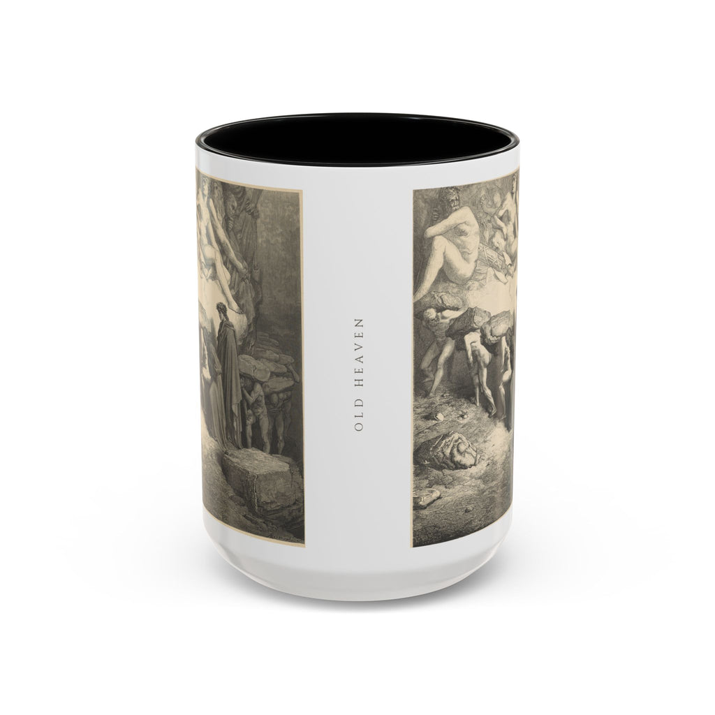 The Weight of Pride mug, front: two Doré Purgatorio XII panels with a small vertical OLD HEAVEN signature between them.