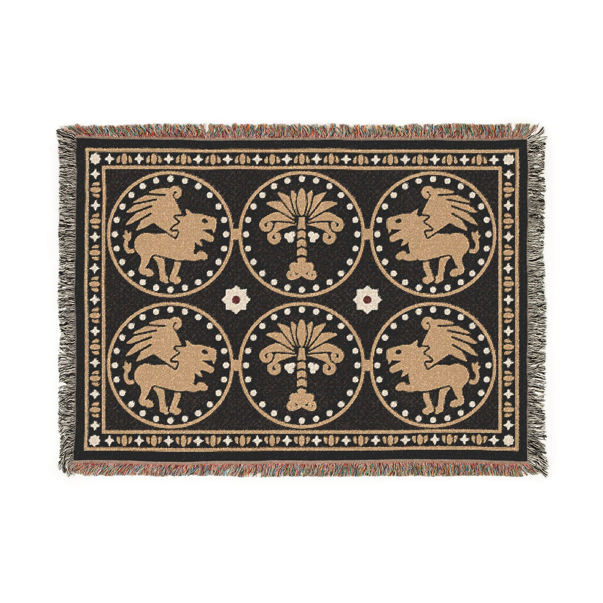 The Golden Bestiary woven throw, 52 × 37 in, winged lions and a date palm in gold roundels on charcoal