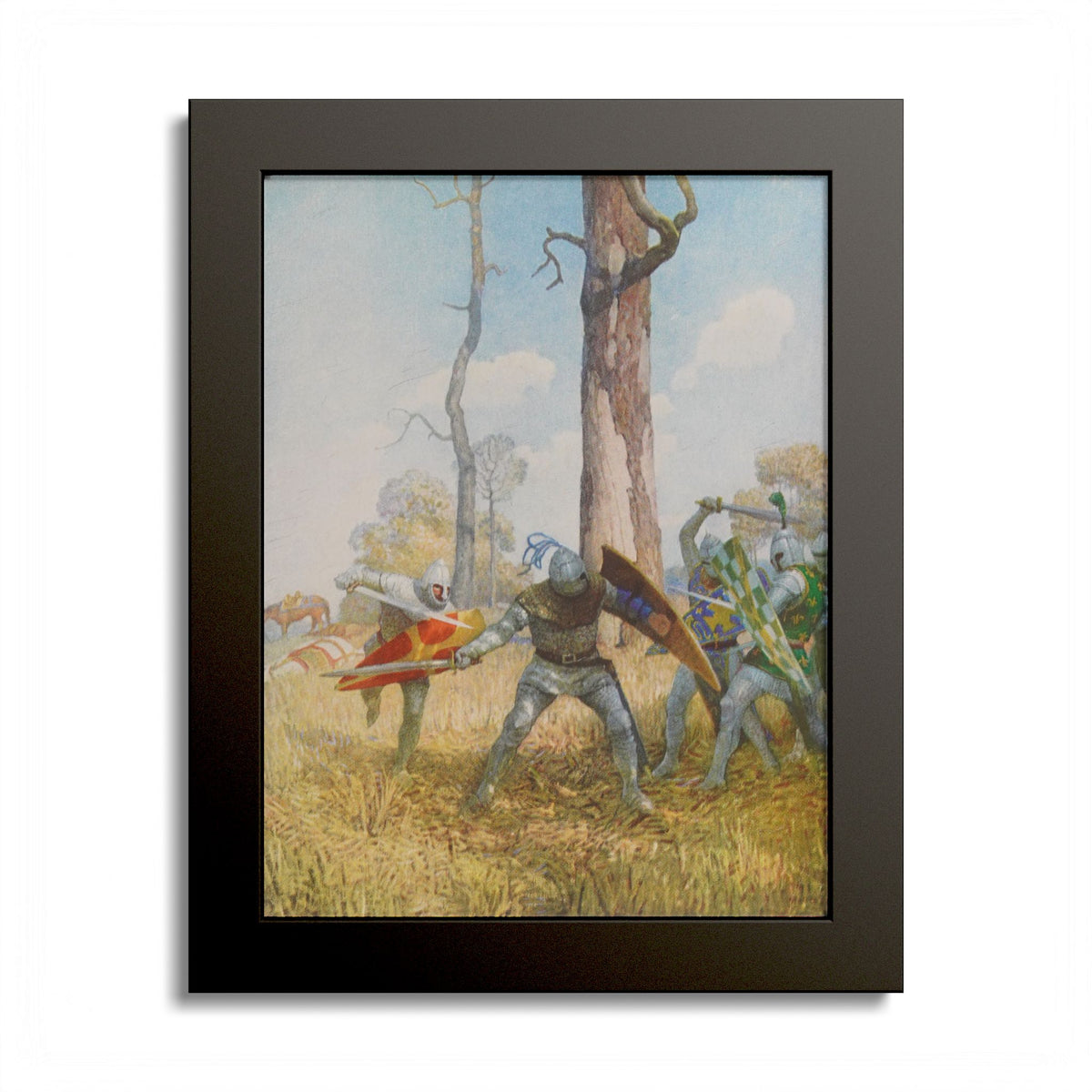 Three Hours, Before Him and Behind by N. C. Wyeth, 1917, King Arthur illustration as an 8 x 10 in framed print in a black wood frame
