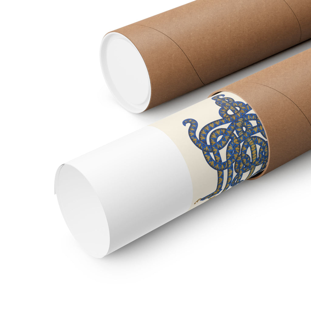 Herodias matte print partly unrolled from a kraft mailing tube, showing cobalt coils, ochre details and a white border.