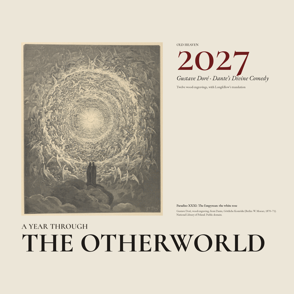 Front cover of the 2027 Doré wall calendar A Year Through the Otherworld, with Gustave Doré’s engraving of the white rose of Paradise
