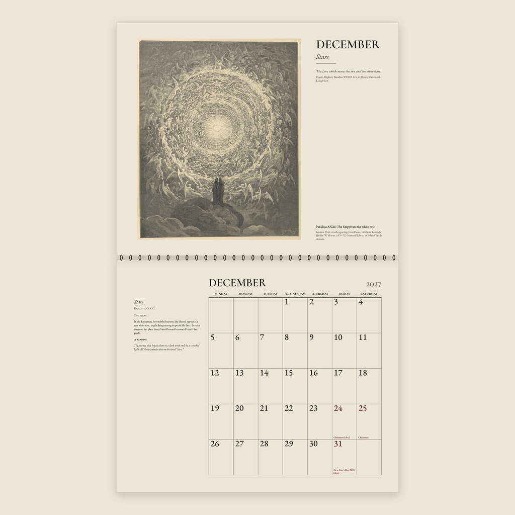 December spread of the 2027 Doré wall calendar: Doré’s engraving of the white rose of Paradise above the December 2027 date grid