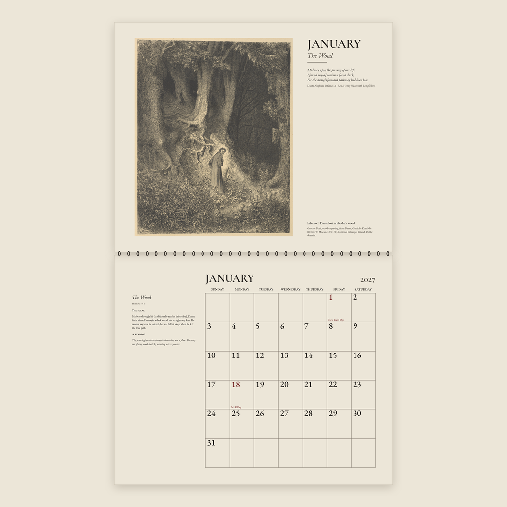 January spread of the 2027 Doré wall calendar: Doré’s engraving of Dante lost in the dark wood above the January 2027 date grid