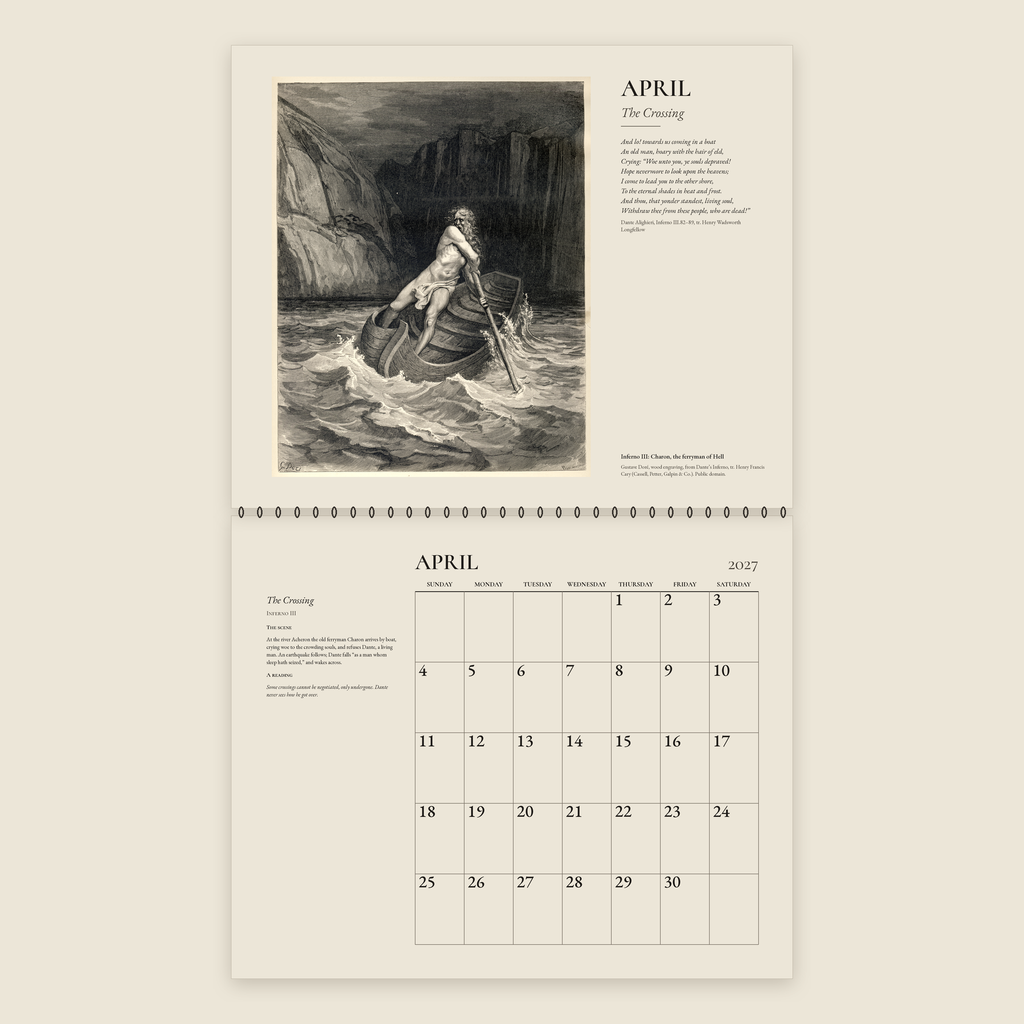 April spread of the 2027 Doré wall calendar: Doré’s engraving of Charon ferrying souls across the river Acheron above the April 2027 date grid