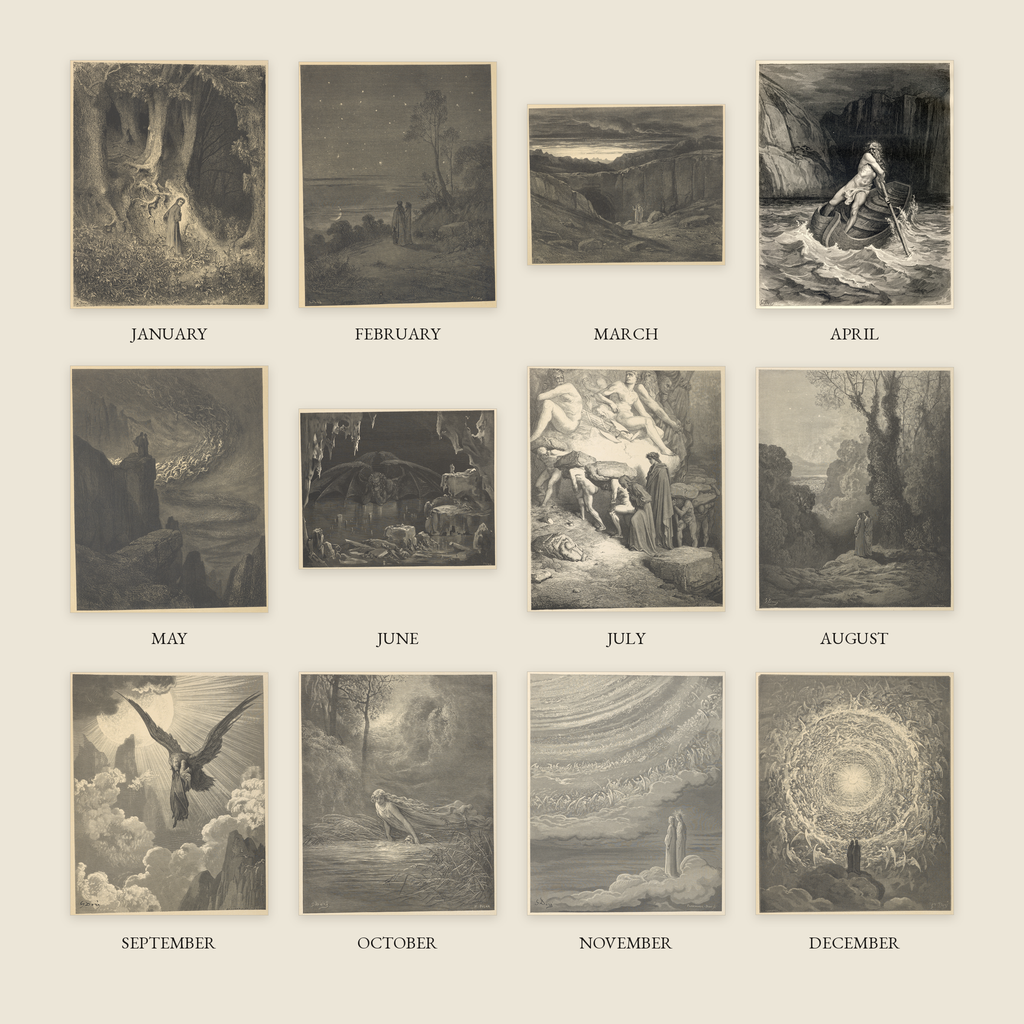 All twelve Gustave Doré engravings in the 2027 calendar, one per month from January to December