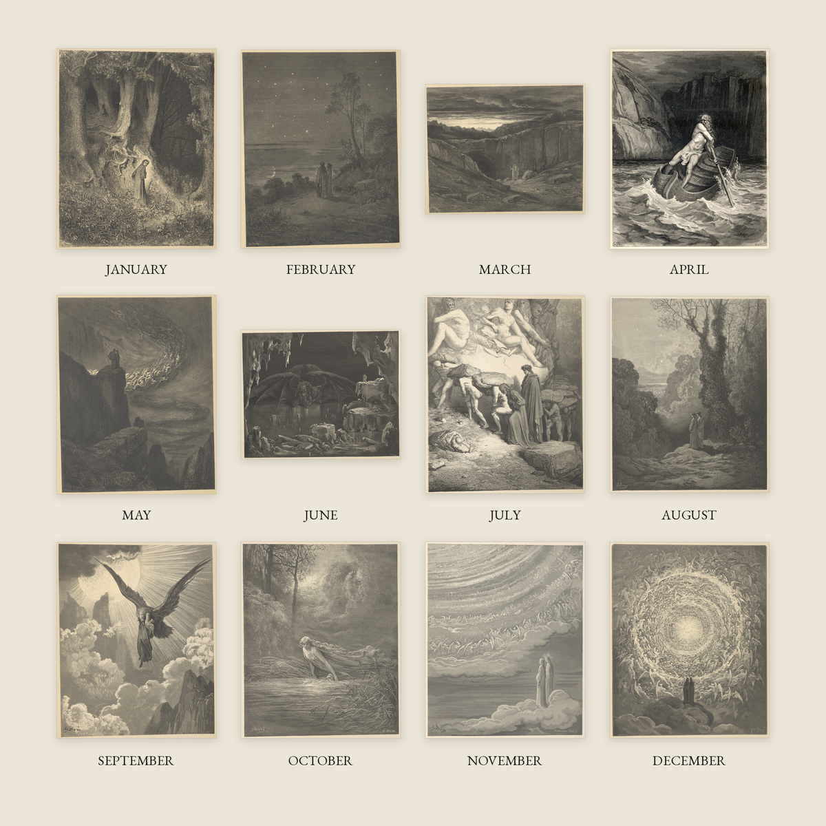 All twelve Gustave Doré engravings in the 2027 calendar, one per month from January to December