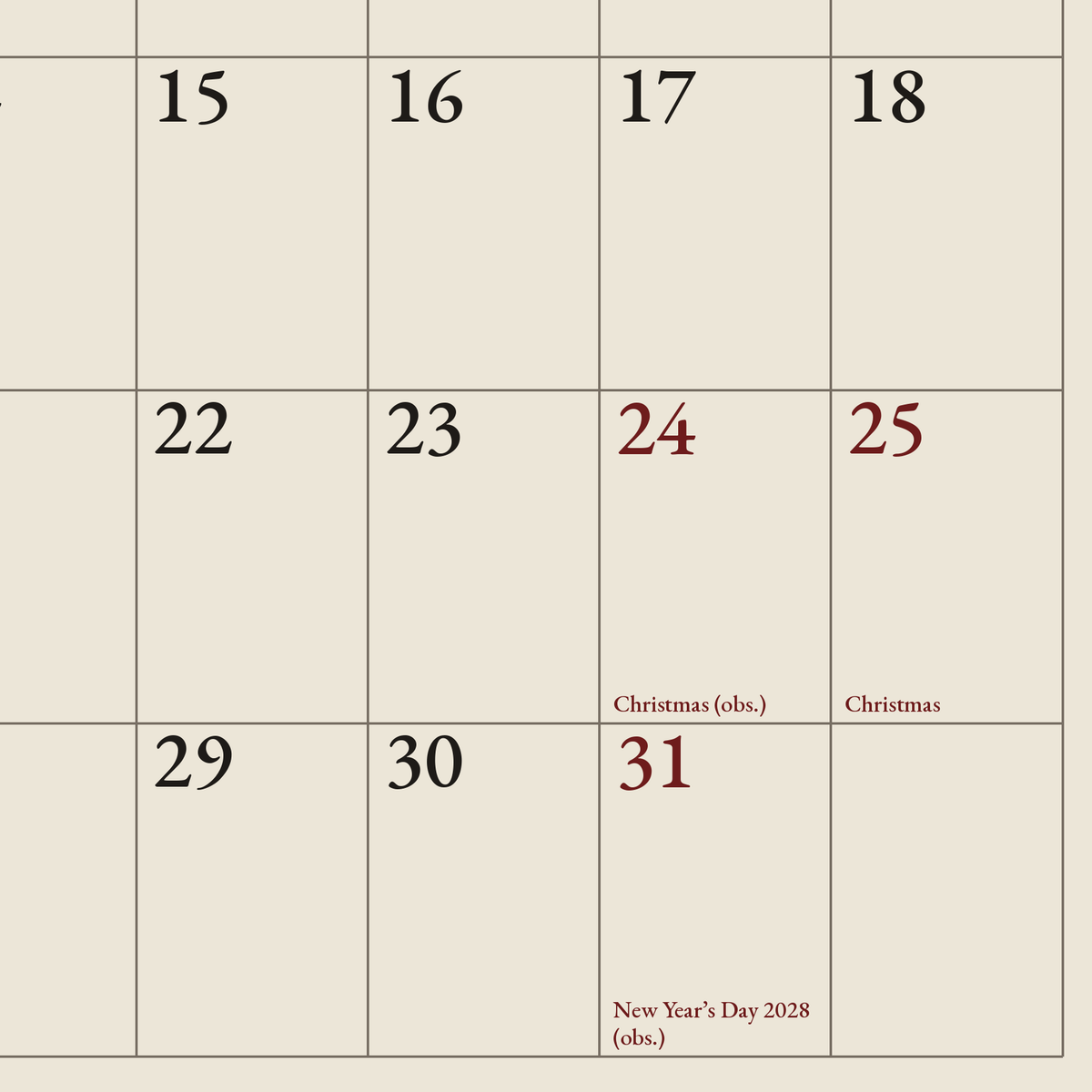 Close-up of the December 2027 grid page, showing writable date boxes and the holiday labels Christmas (obs.), Christmas and New Year’s Day 2028 (obs.)