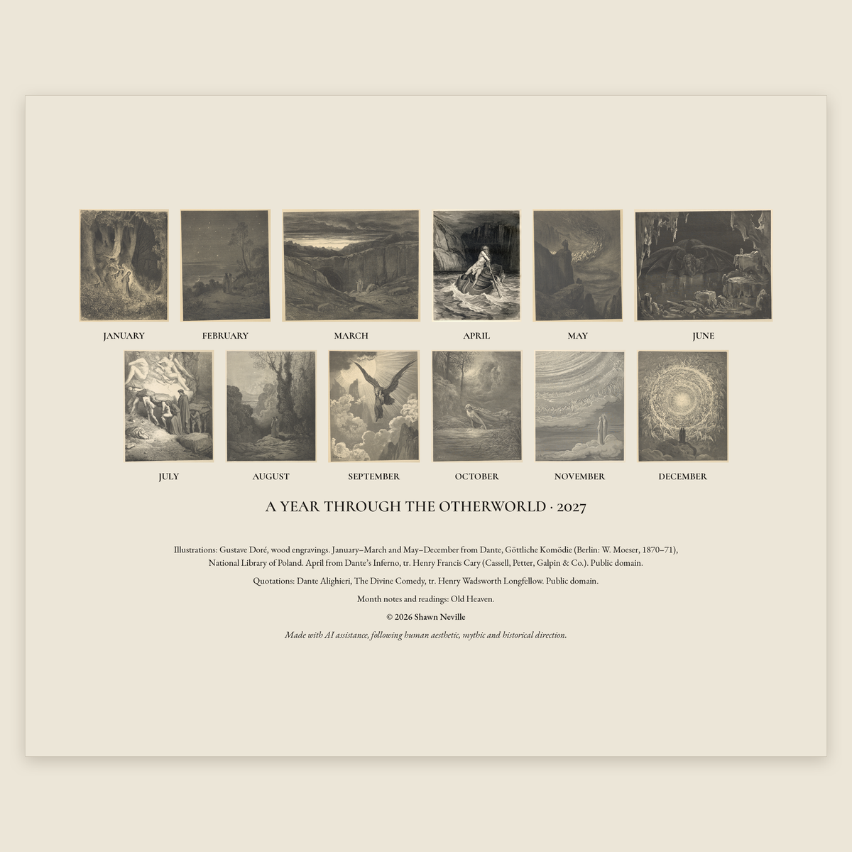 Back cover of the 2027 Doré wall calendar, with thumbnails of all twelve monthly engravings and the plate credits