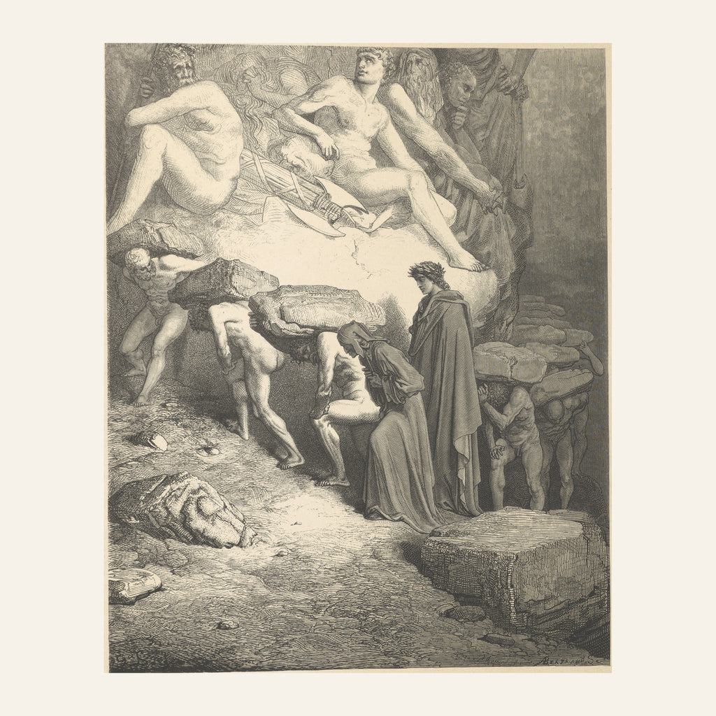 Gustave Doré's 1871 wood engraving for Dante's Purgatorio XII, shown flat: Dante and Virgil among the proud, who bend beneath heavy stones.