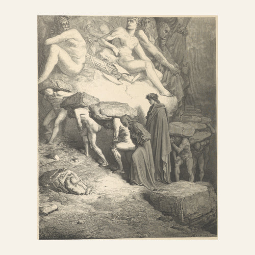 Gustave Doré's 1871 wood engraving for Dante's Purgatorio XII, shown flat: Dante and Virgil among the proud, who bend beneath heavy stones.