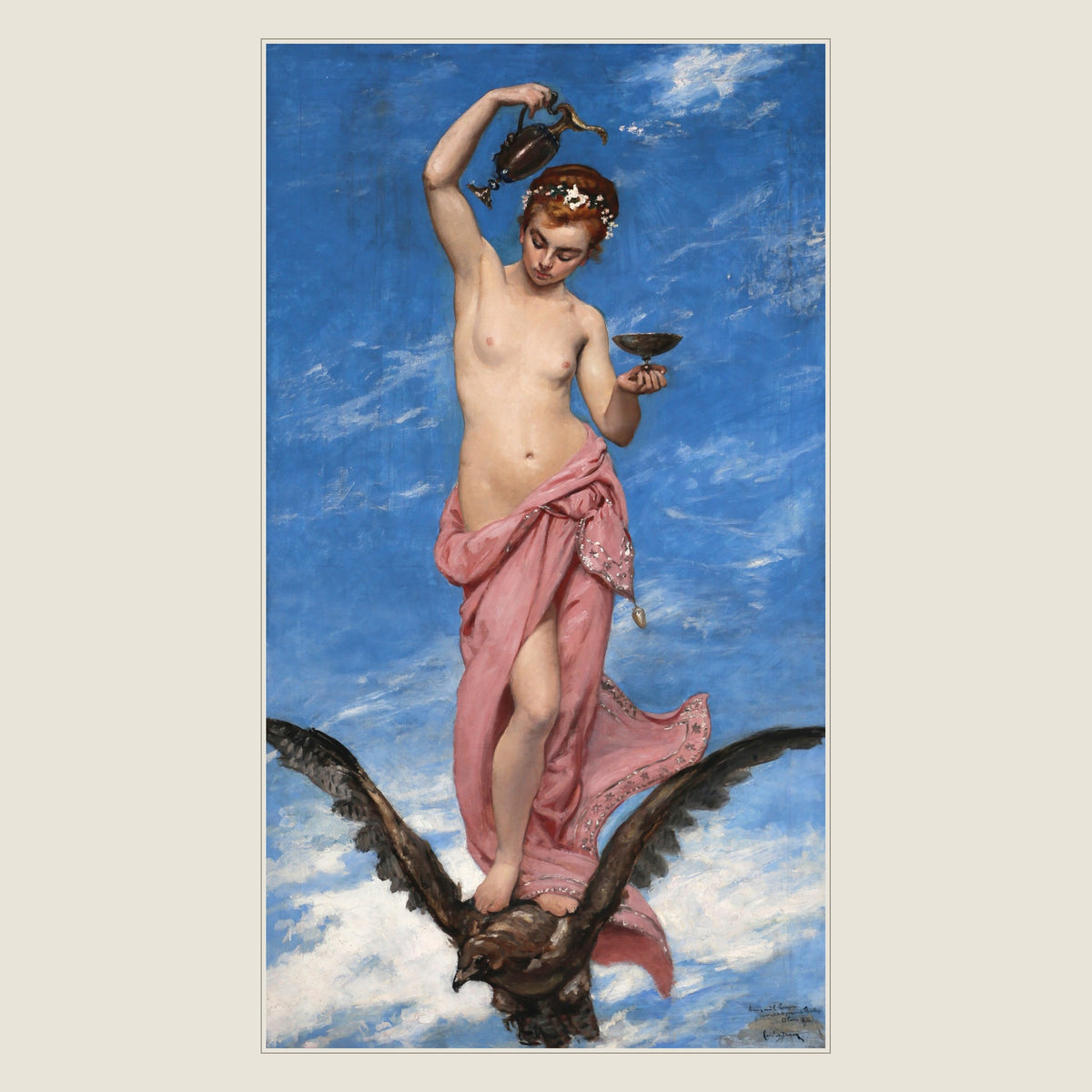Carolus-Duran, Hébé, 1874, oil on canvas: the full painting shown flat, Hebe pouring from a ewer as she rides an eagle