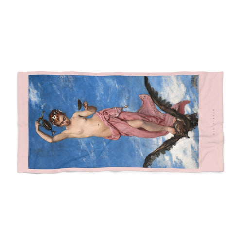 Hebe art towel laid flat: Carolus-Duran’s 1874 Hebe pouring from a ewer as she rides an eagle, on a pale pink ground with a small OLD HEAVEN wordmark