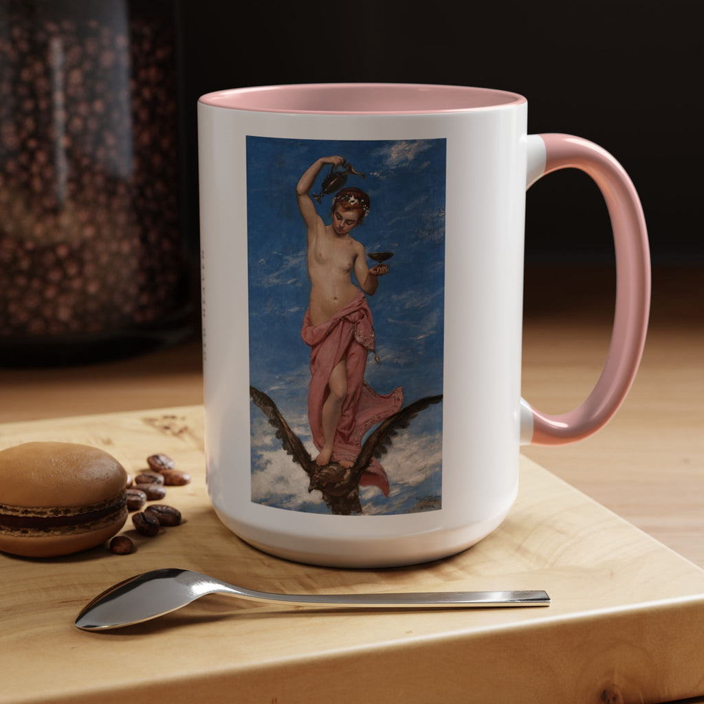 Hebe 15 oz art mug with pink handle and interior on a wooden table