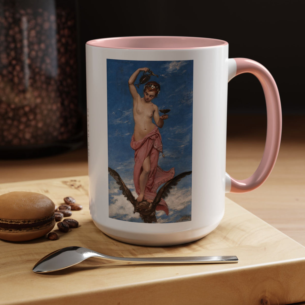 Hebe 15 oz art mug with pink handle and interior on a wooden table