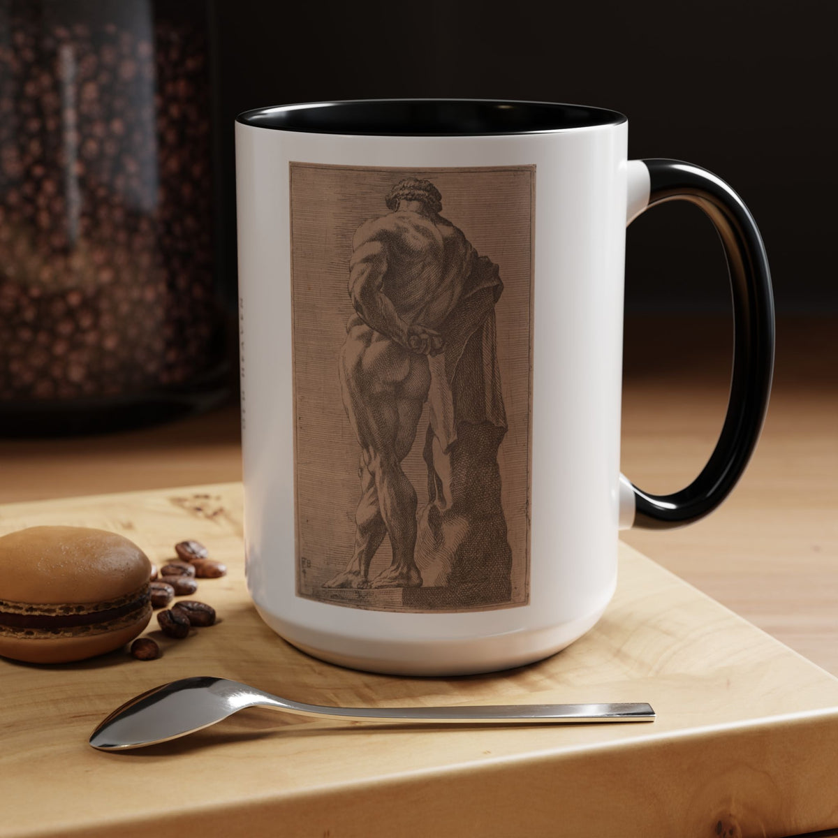 Hercules at Rest 15 oz art mug with black handle and interior on a wooden table