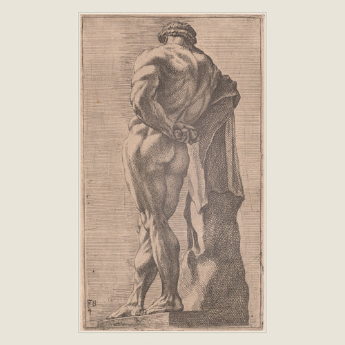 François Perrier, The Farnese Hercules seen from behind, 1638 etching: the full plate shown flat