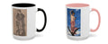 Hercules at Rest and Hebe 15 oz art mugs side by side: Perrier’s Farnese Hercules etching on the black-handled mug, Carolus-Duran’s Hebe on the pink-handled mug