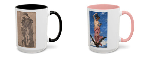 Hercules at Rest and Hebe 15 oz art mugs side by side: Perrier’s Farnese Hercules etching on the black-handled mug, Carolus-Duran’s Hebe on the pink-handled mug