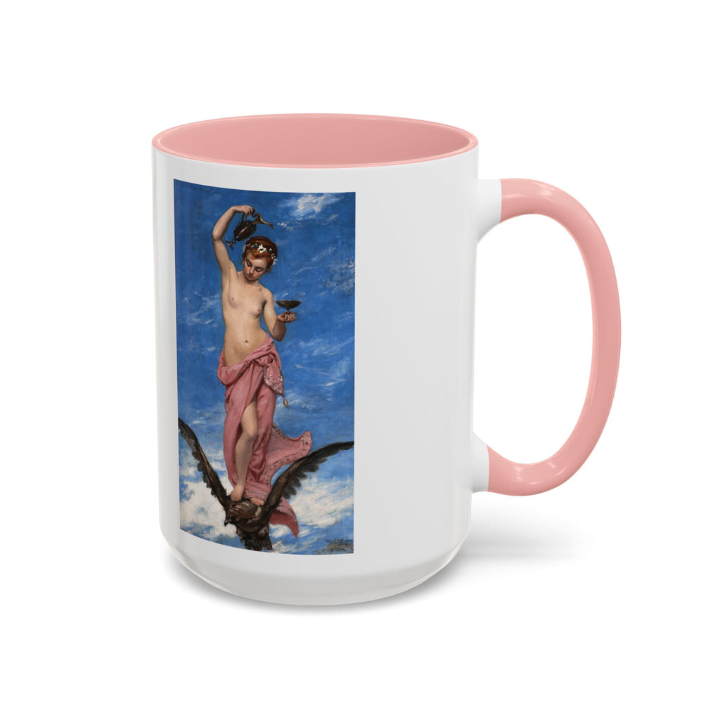 Hebe 15 oz art mug with pink handle, Carolus-Duran’s 1874 painting of Hebe pouring from a ewer on an eagle