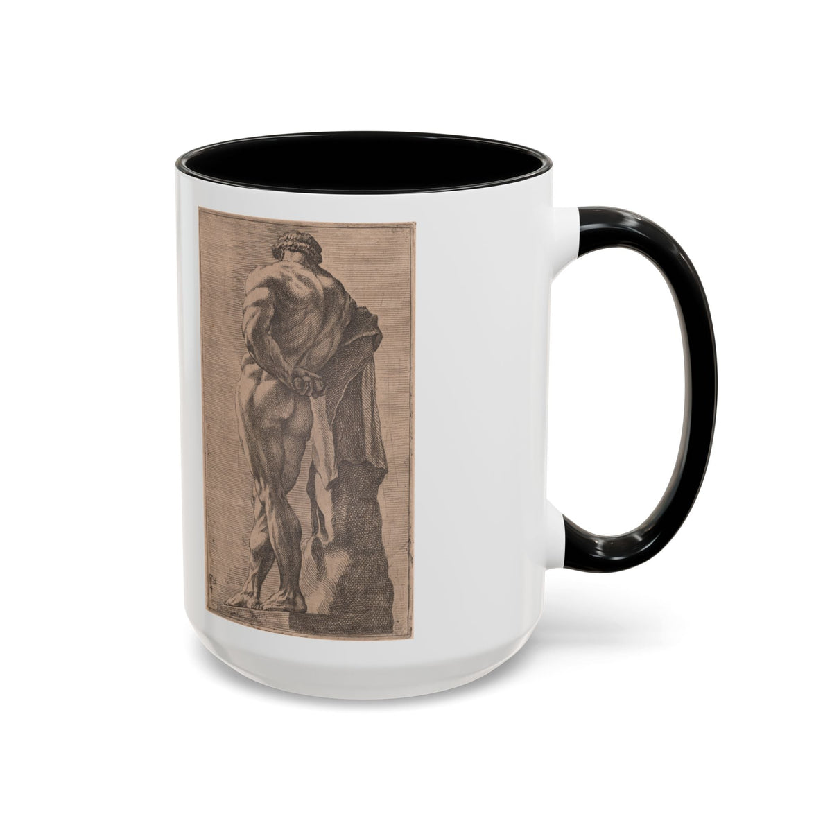 Hercules at Rest 15 oz art mug with black handle, Perrier etching of the Farnese Hercules seen from behind