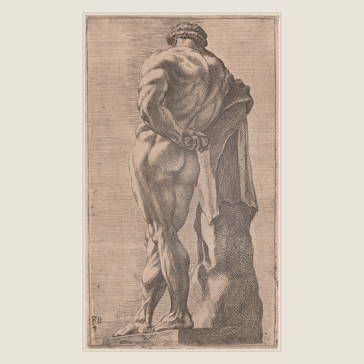 François Perrier, The Farnese Hercules seen from behind, 1638 etching: the full plate shown flat