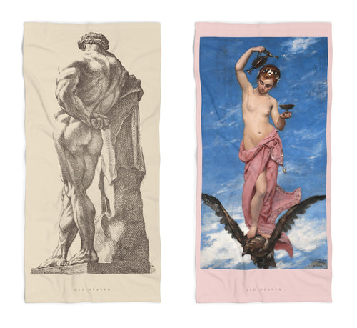 Hercules & Hebe towel pair shown side by side: Perrier’s etched Farnese Hercules on a bone towel, Carolus-Duran’s Hebe on a pale pink towel